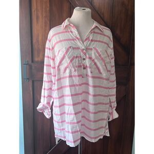 Soft Surroundings 100% Cotton Woven Long Sleeve Pink Stripe Tunic Top Women's L